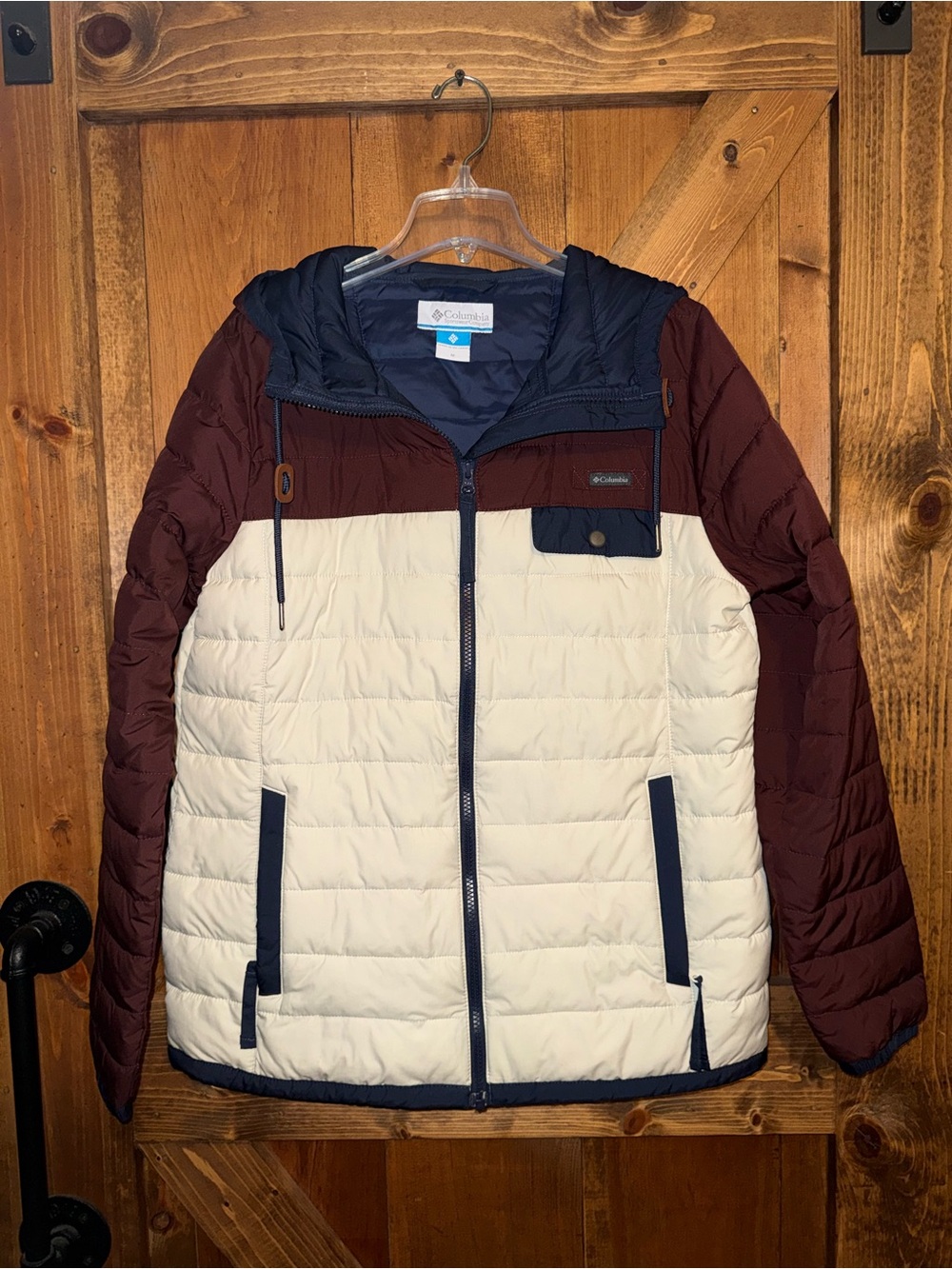 Columbia Colorblock Hooded Puffer Jacket Burgundy Cream Navy Women’s M